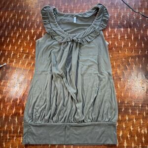 Blu Heaven Olive Green Ruffle Neck‎ Sleeveless Tank Top